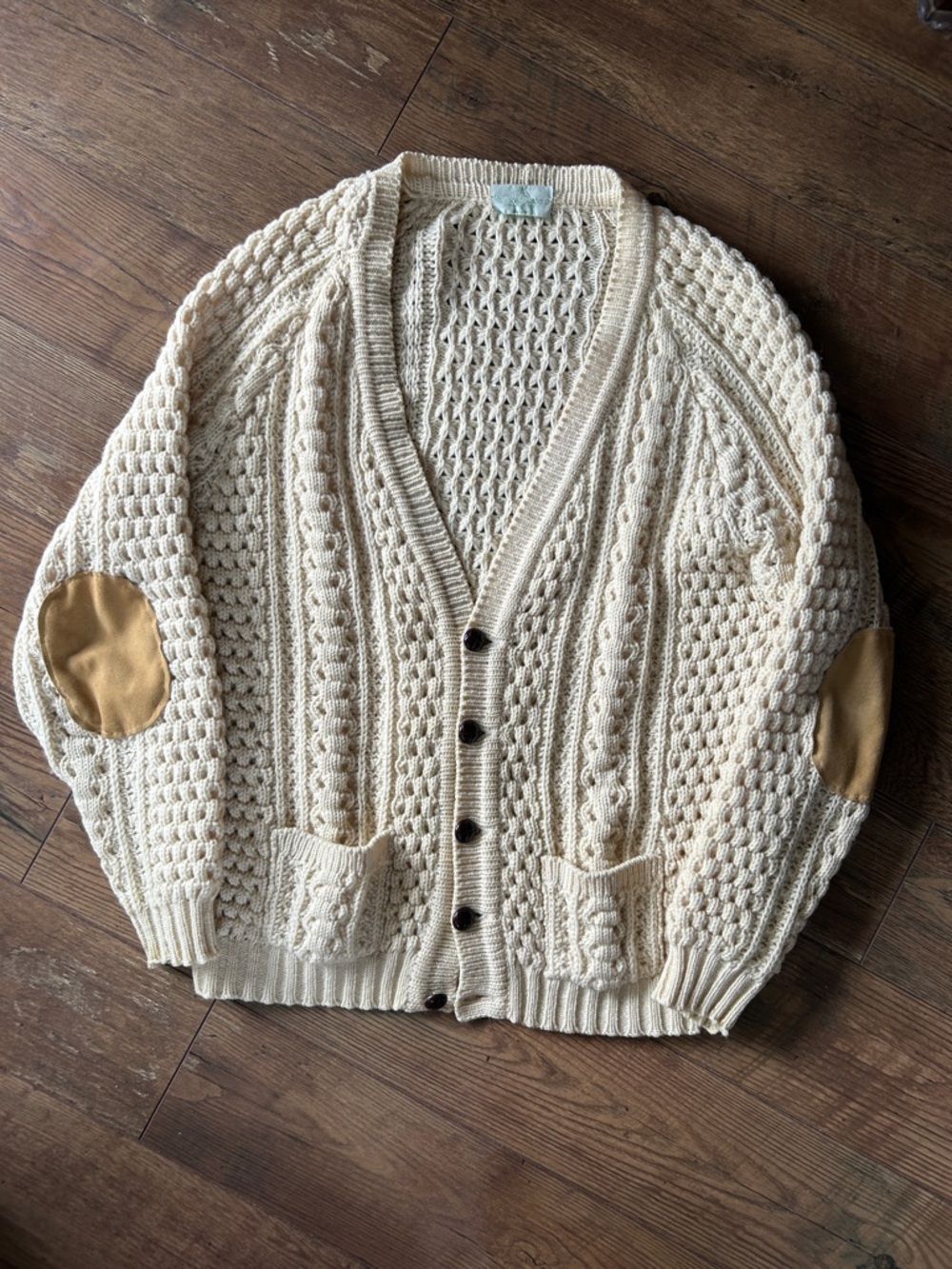VTG Hill Head Classic Cardigan Hand Loomed In Ireland With Tan Elbow Patches